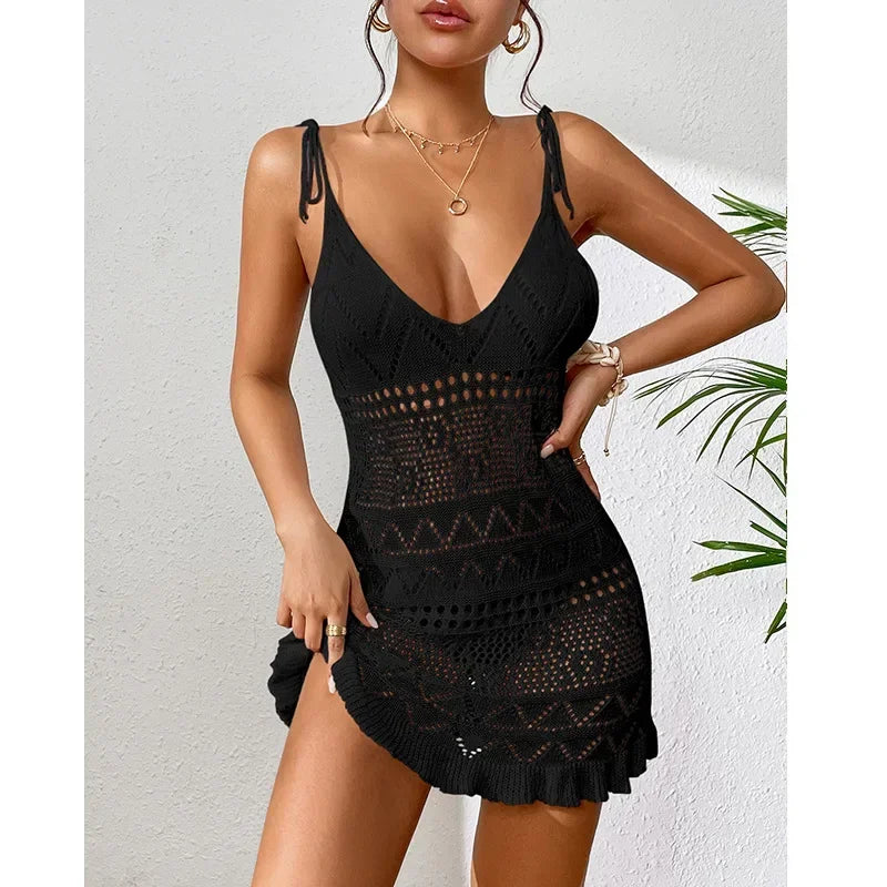 Dress Clothes Women Summer Solid Color Sleeveless Knitted Cover up Backless Stylish Beach Dresses