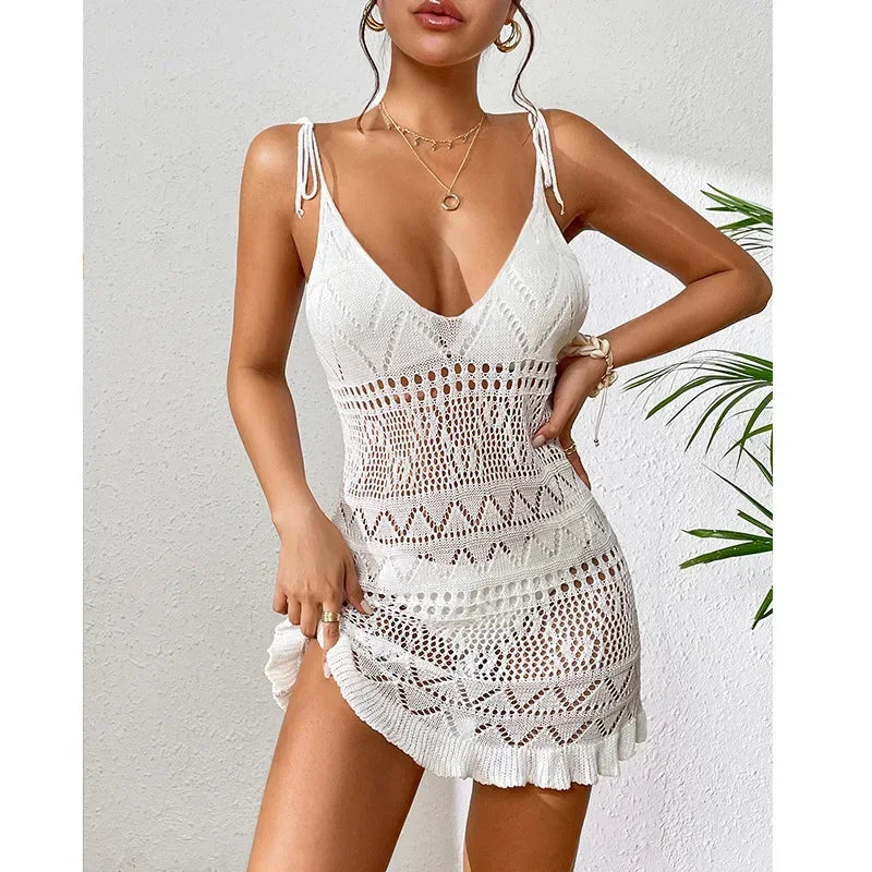 Dress Clothes Women Summer Solid Color Sleeveless Knitted Cover up Backless Stylish Beach Dresses