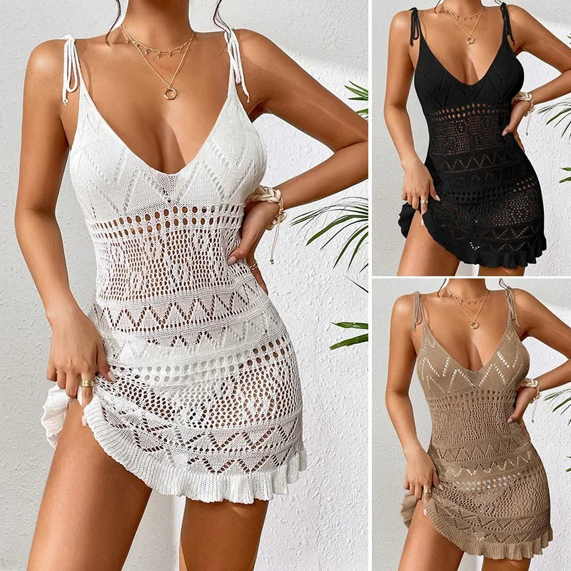 Dress Clothes Women Summer Solid Color Sleeveless Knitted Cover up Backless Stylish Beach Dresses