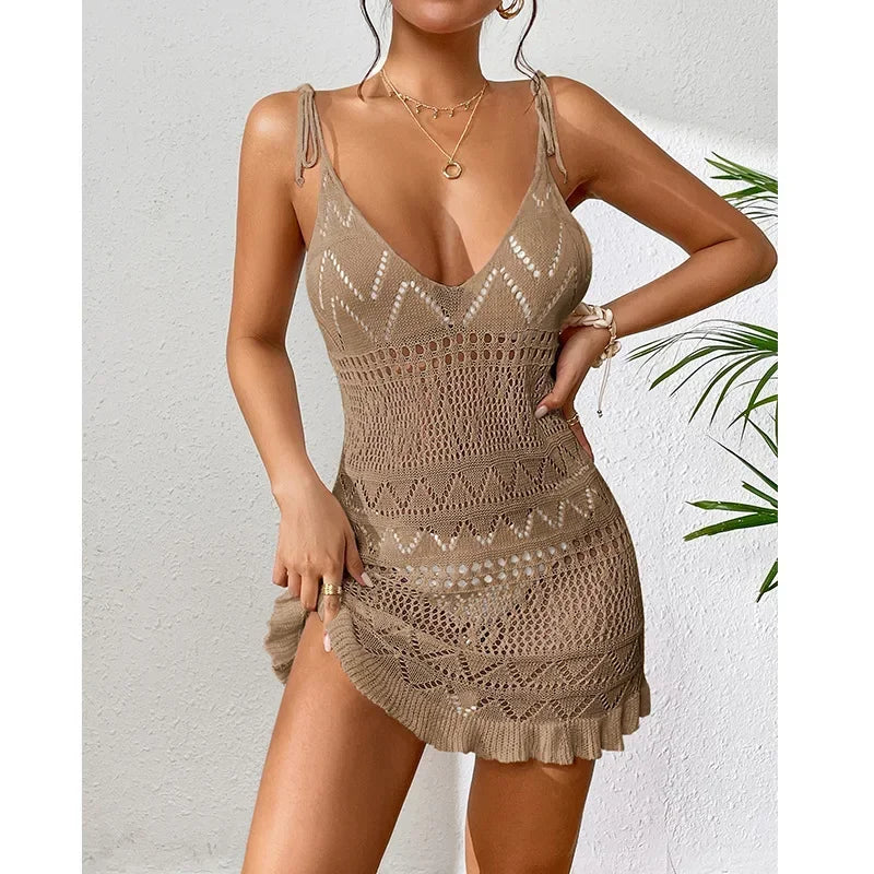 Dress Clothes Women Summer Solid Color Sleeveless Knitted Cover up Backless Stylish Beach Dresses