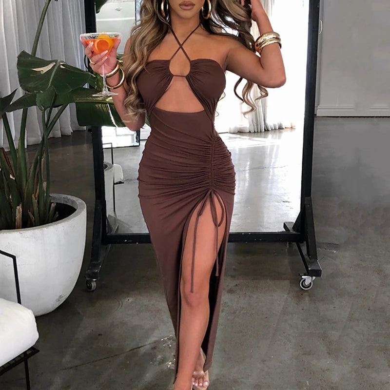 Summer Black Sexy Dress for Women Sleeveless Backless Hollow Out Party Dress Fashion Lace-Up Halter Bodycon Elegant Split Dress