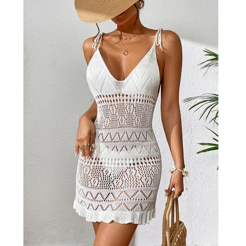 Dress Clothes Women Summer Solid Color Sleeveless Knitted Cover up Backless Stylish Beach Dresses