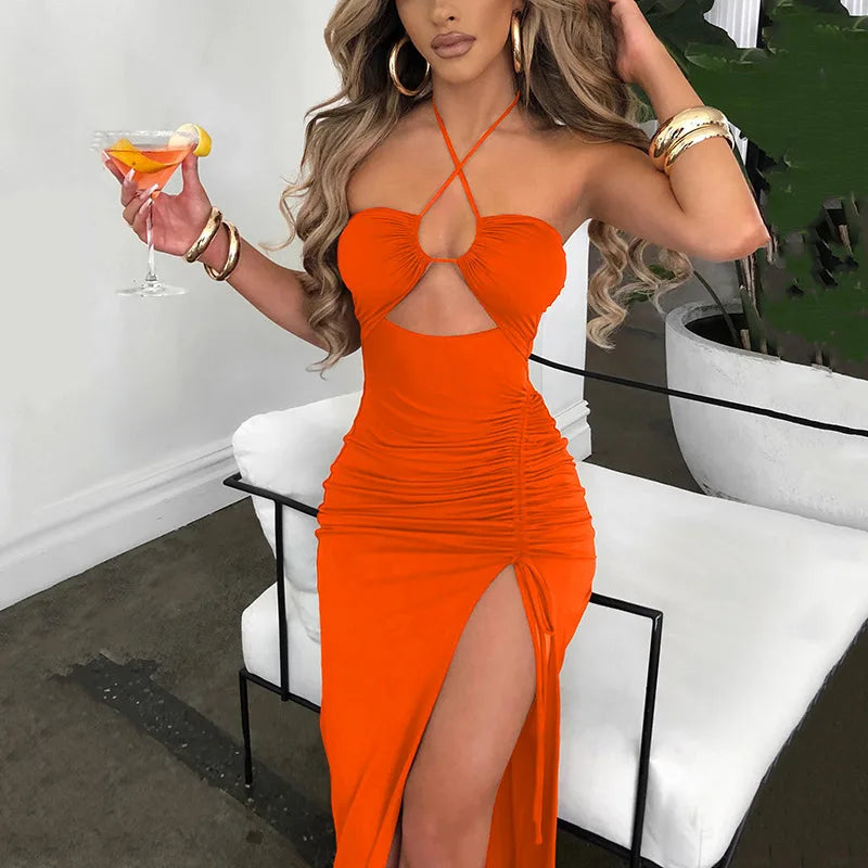 Summer Black Sexy Dress for Women Sleeveless Backless Hollow Out Party Dress Fashion Lace-Up Halter Bodycon Elegant Split Dress