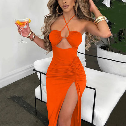 Summer Black Sexy Dress for Women Sleeveless Backless Hollow Out Party Dress Fashion Lace-Up Halter Bodycon Elegant Split Dress