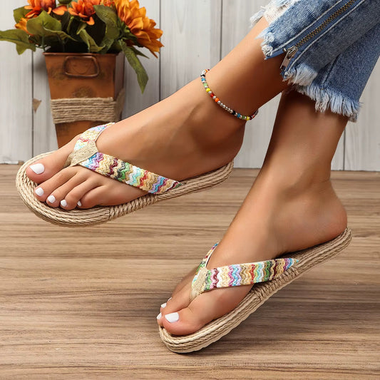 Women'S Fashion Trend, anti Slip, Wear-Resistant, Comfortable Soft Bottom, Ethnic Style Flat Heel Flip Flops