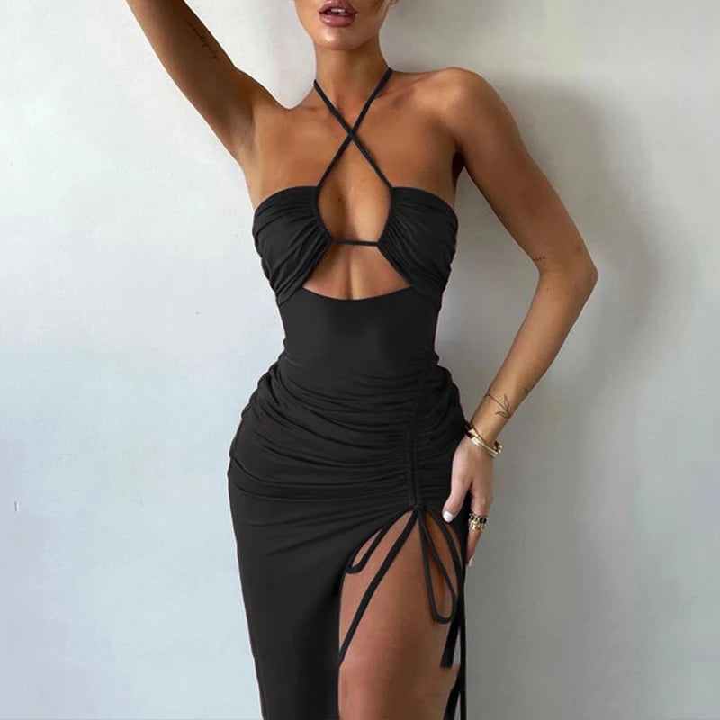 Summer Black Sexy Dress for Women Sleeveless Backless Hollow Out Party Dress Fashion Lace-Up Halter Bodycon Elegant Split Dress