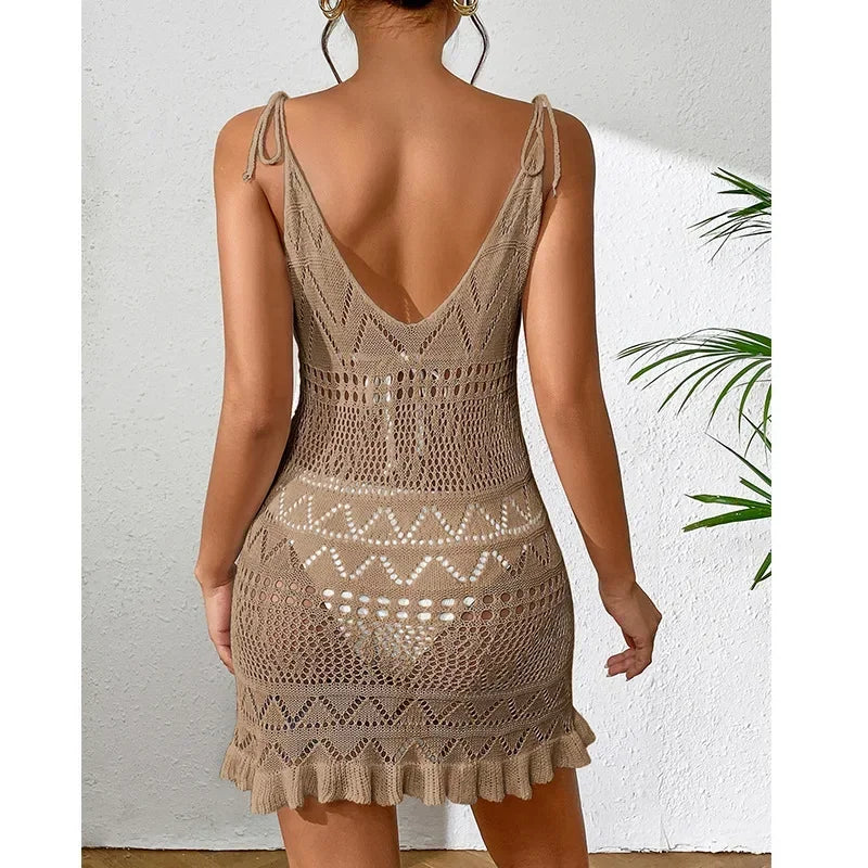 Dress Clothes Women Summer Solid Color Sleeveless Knitted Cover up Backless Stylish Beach Dresses